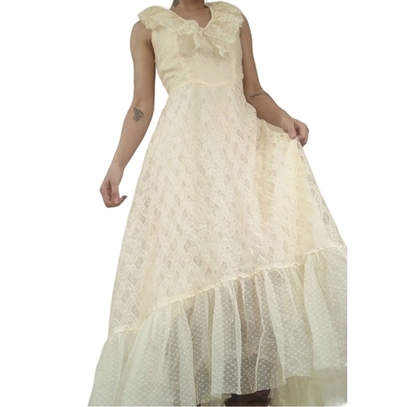 Vintage champagne white victorian lace wrap tulle prairie chiffon dress xs-s - Picture 1 of 3